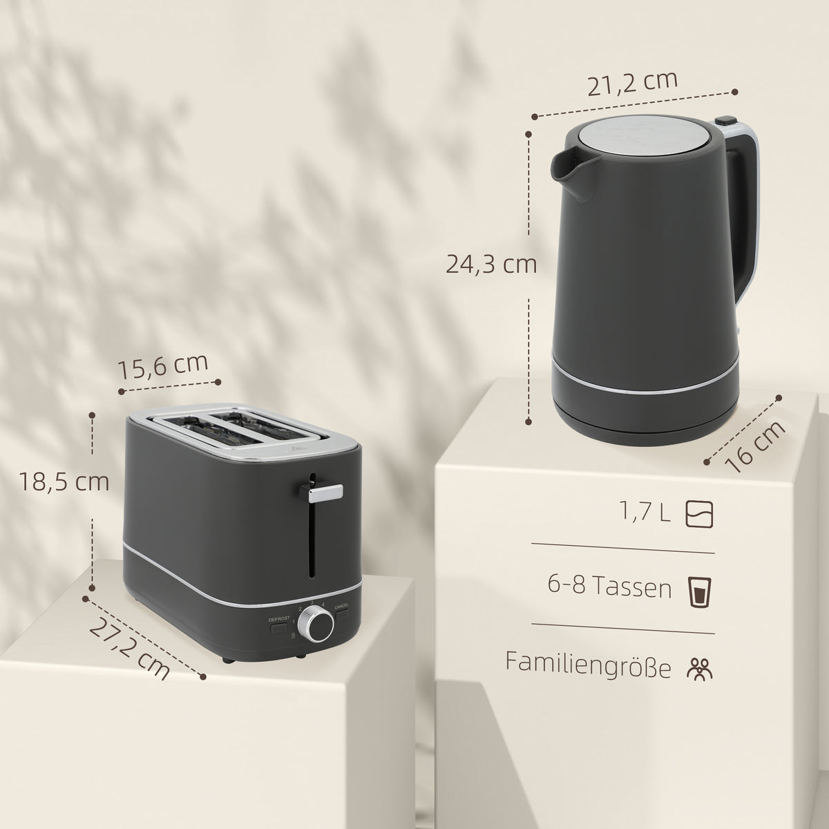 Set aus 1,7 L Wasserkocher und Toaster mit 6 Br?unungsstufen, Grau
