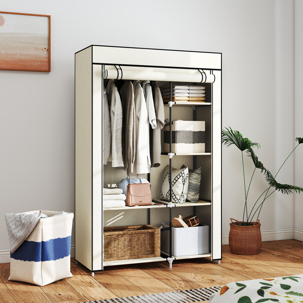 Fabric Wardrobe w/ Shelves Hanging Rail Foldable Wardrobe Cream