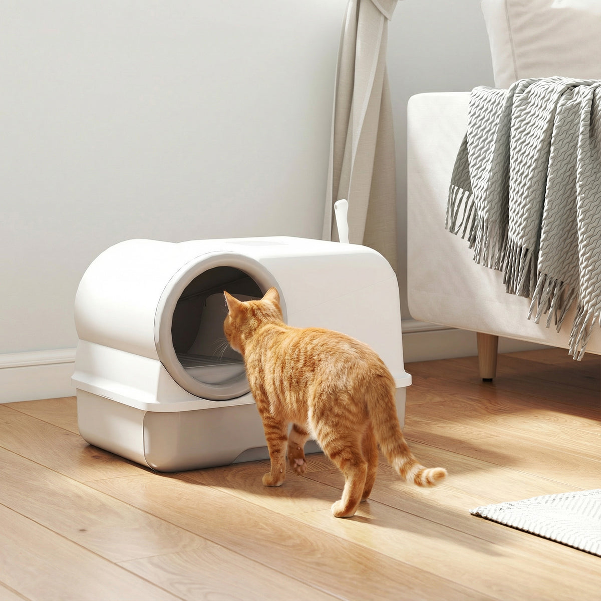Katzentoilette mit Deckel Schaufel ausziehbares Tablett 2 Aktivkohlefilter für Katzen bis 5 kg 59x39,5x39,5cm Weiß+Grau