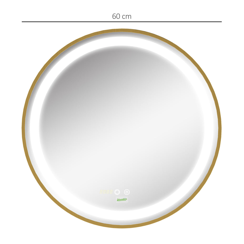 Round LED Bathroom Mirror, Dimmable Lighted Wall Mount Mirror with 3 Colours, Time Display, Memory Function, Hardwired