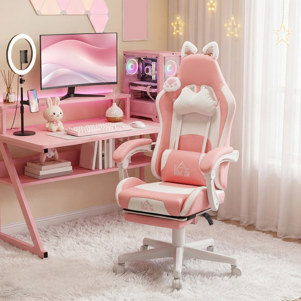 Gaming-Sessel mit Katzenohren, neigbare Lehne, ausziehbare Fu?st¨¹tze, bis 120 kg, Rosa/Wei?