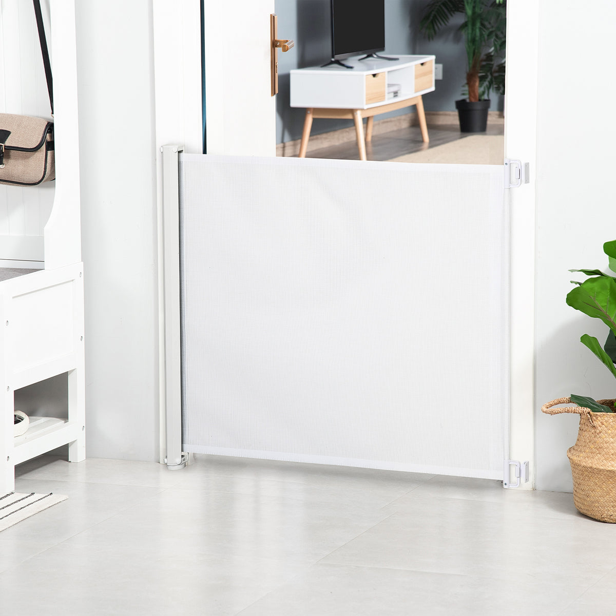 Retractable Stair Gate, Dog Pet Barrier, for Doorway, Staircase, Hallway - White