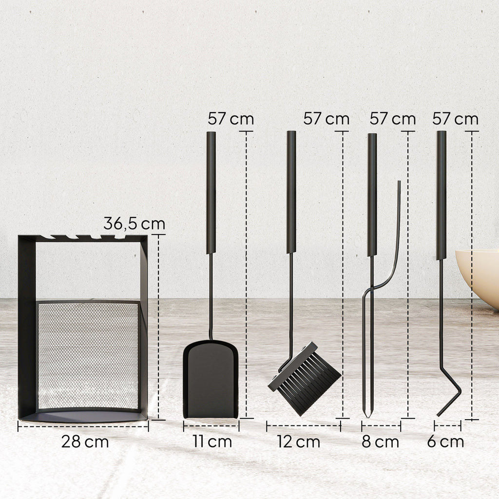 Kaminbesteck Set 5teilig Kaminzubeh?r mit Besen, Schaufel, Sch¨¹rhaken Zange St?nder Metall, Schwarz