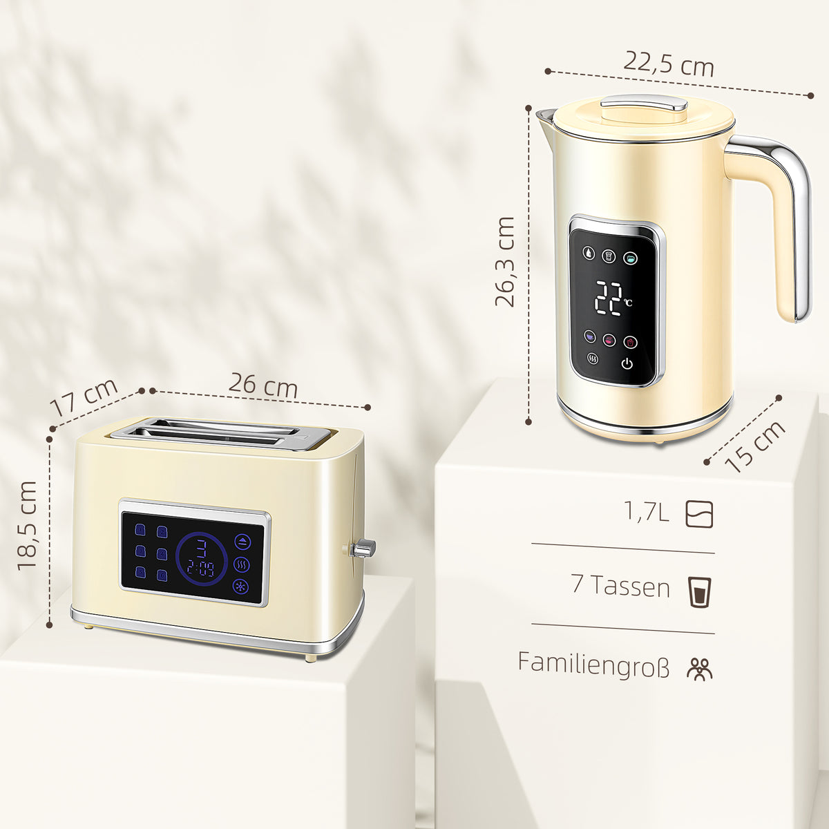 Wasserkocher und Toaster-Set mit LED-Touchscreen, 1,7 L, 2 Toasterschlitze, verschiedene Modi und Funktionen, Cremewei?