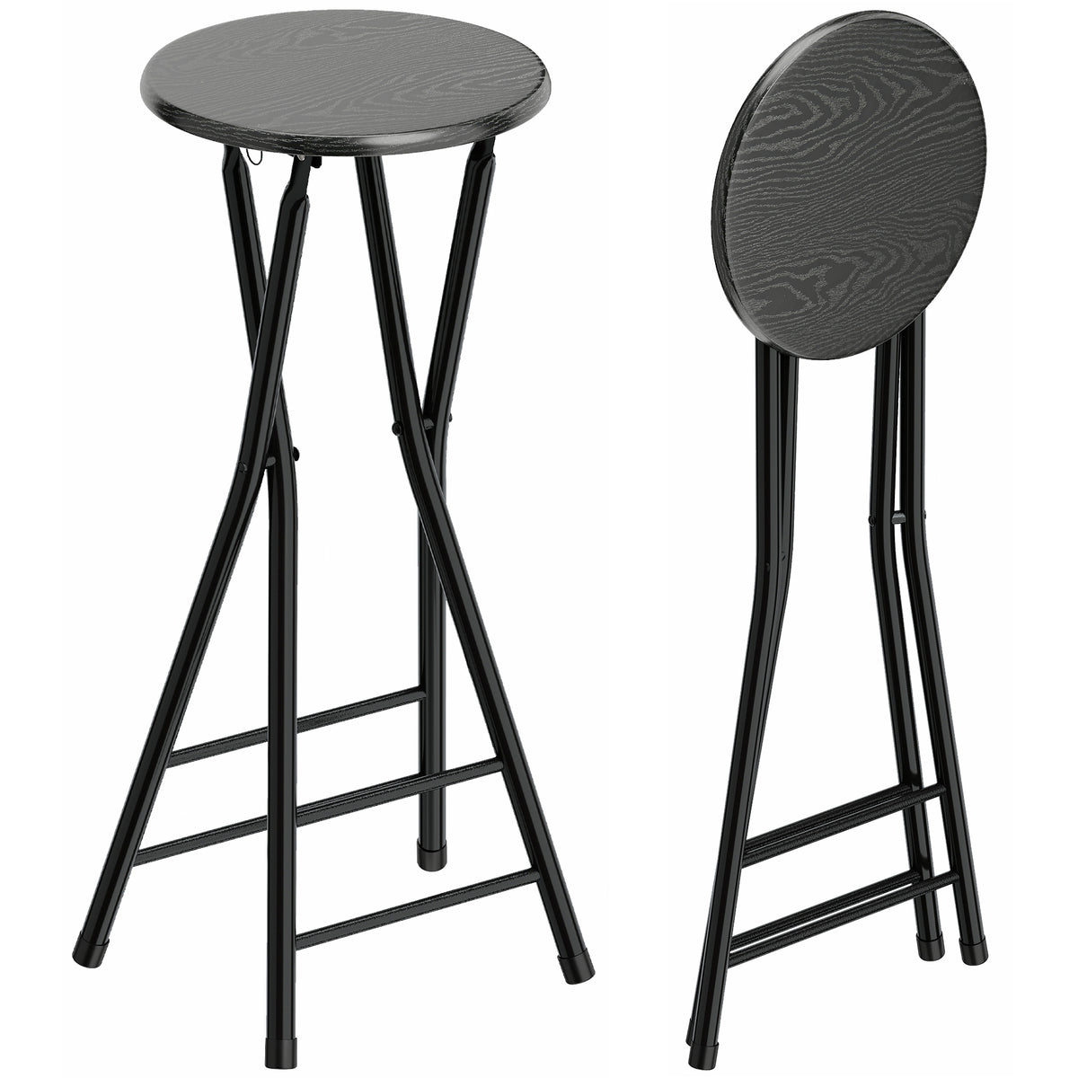 Barhocker 2er Set, Klappbar Barstuhl mit Stahlgestell, Küchenstühle mit doppelter Fußstütze 34 x 30 x 70 cm Schwarz