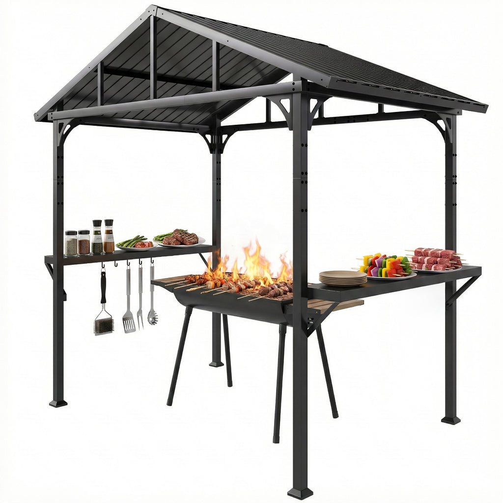 Grillpavillon 2,52 x 1,56 m, Wasserdicht Grill Pavillon mit Satteldach Seitenablage Haken Stahlrahmen Schwarz