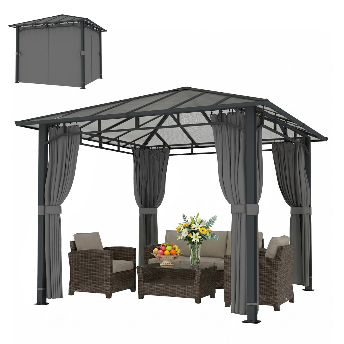 Gartenpavillon ca. 3 x 3 m Metall Pavillon mit 6 mm Polycarbonat-Dach 4 Seitenteile, UV50+ Dunkelgrau