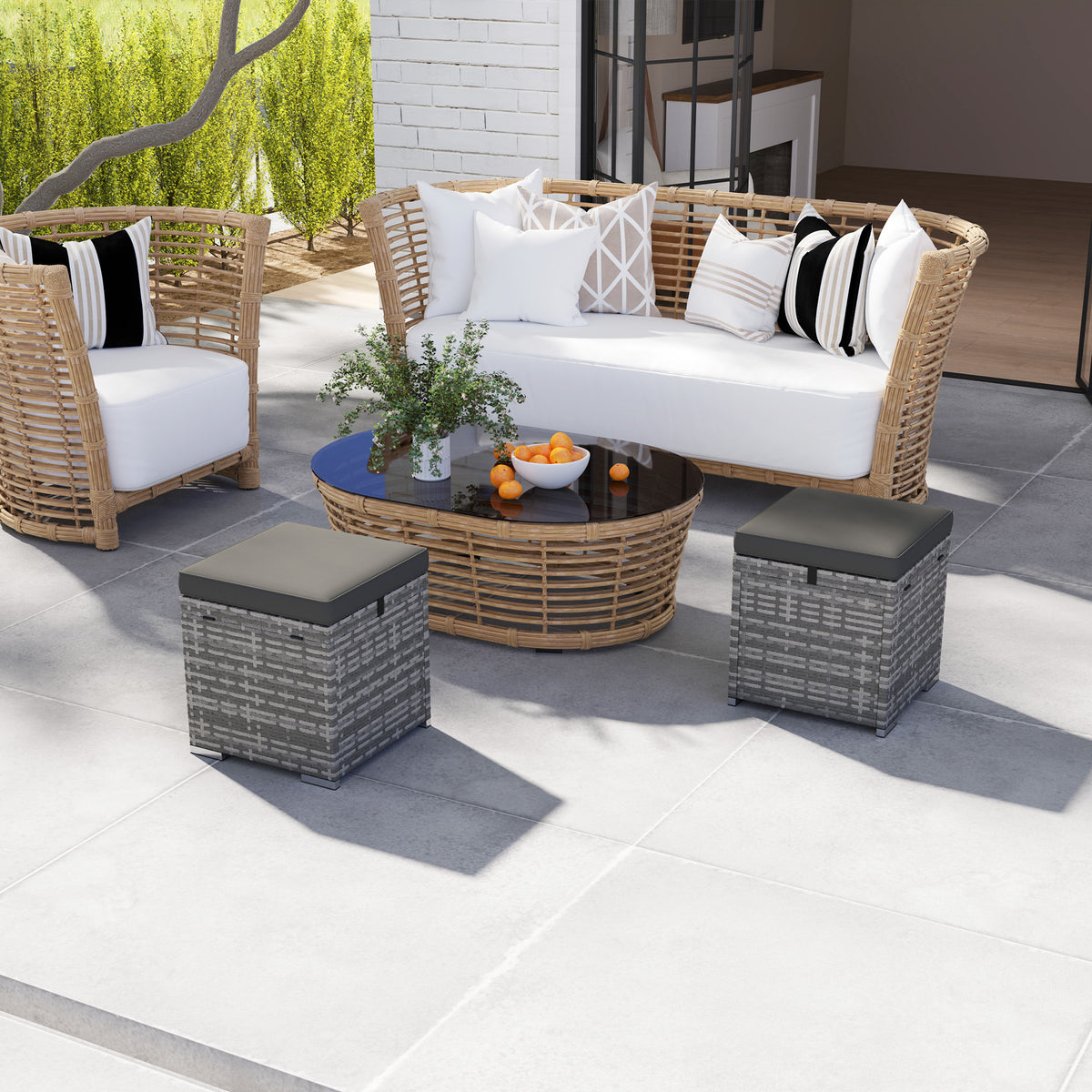 2er Set Rattan Hocker Sitzhocker mit Rattanoptik Stauraum Kissen Deckel 120 kg belastbar 40x40x41cm Dunkelgrau