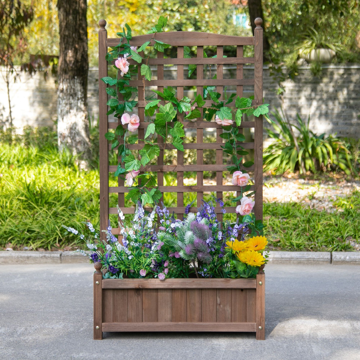 Hochbeet Pflanzkasten mit Rankgitter Blumenkasten Rankkasten Rosenbogen mit  Rankhilfe für Kletterpflanzen Garten Holz Dunkelbraun 64 x 28 x 120 cm