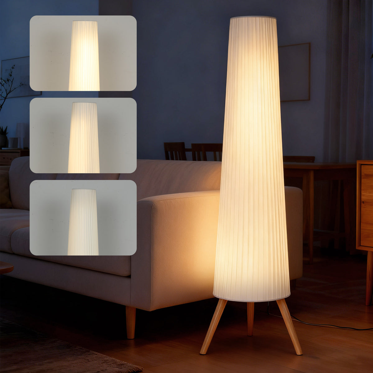 LED Stehlampe Wohnzimmer Dimmbar Holz mit Dreibein, Stehleuchte mit Fußschalter, 46 x 46 x 153 cm, Weiß