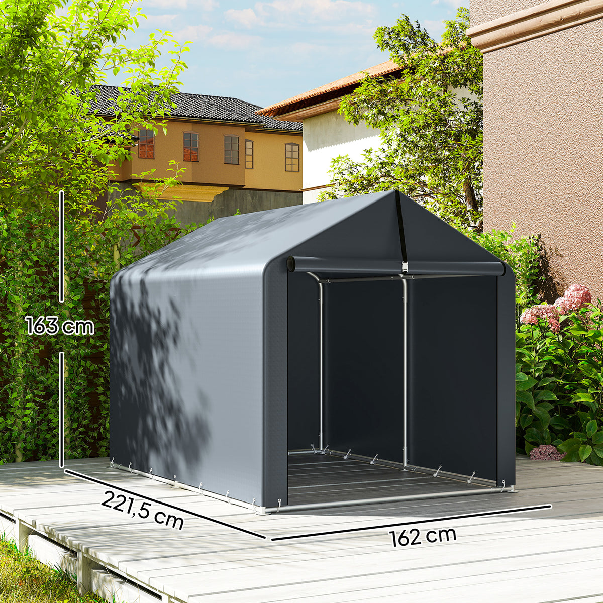 Garagenzelt 2,2 x 1,6 m Wasserdicht Gerätezelt mit Rolltür Satteldach Stahlrahmen, UV-beständig Dunkelgrau