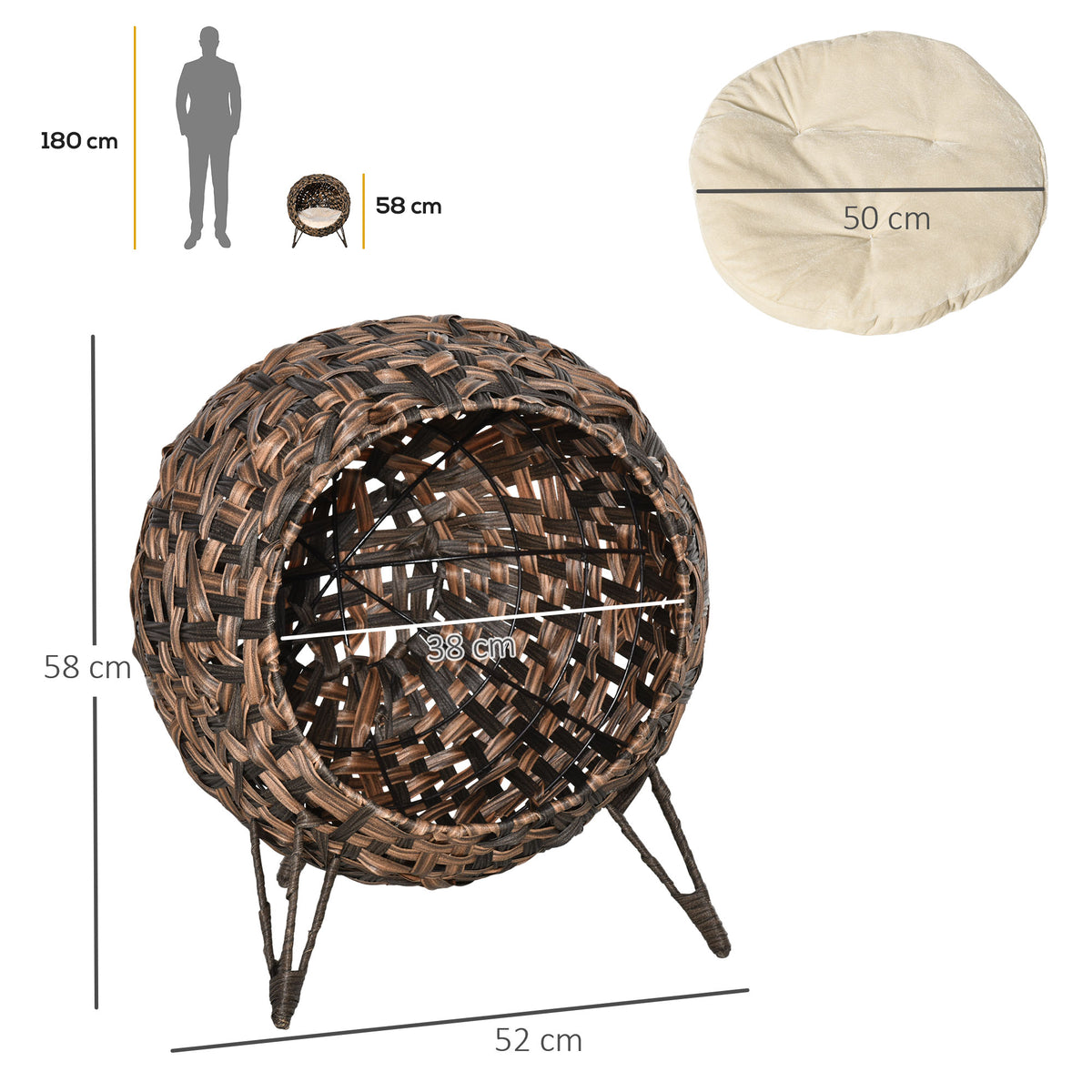 Katzenhaus aus Rattan mit Kissen Katzenschlafplatz Katzenhöhle mit erhöhten Füßen Braun Ø52 x 58 cm