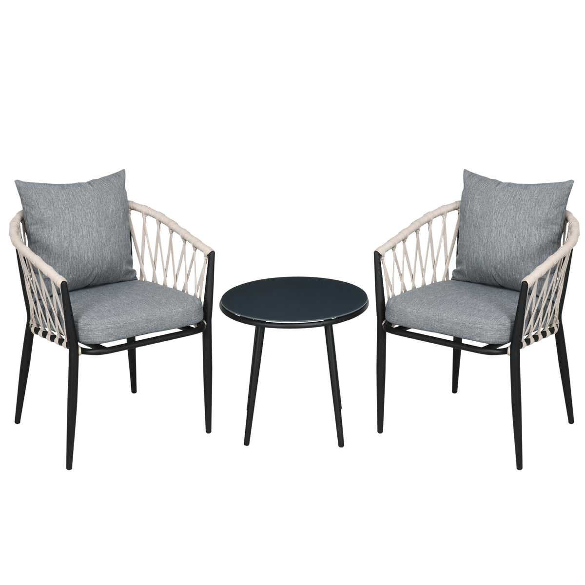 Gartenmöbel Set für 2 Personen inkl. 1 Tisch, 2 Stühlen mit Sitzkissen, Balkon-Set, Stahl, Grau
