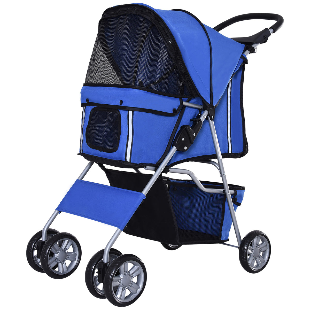  Pet Stroller for Small Miniature Dogs Cats Foldable Travel Carriage with Wheels Zipper Entry Cup Holder Storage Basket Blue