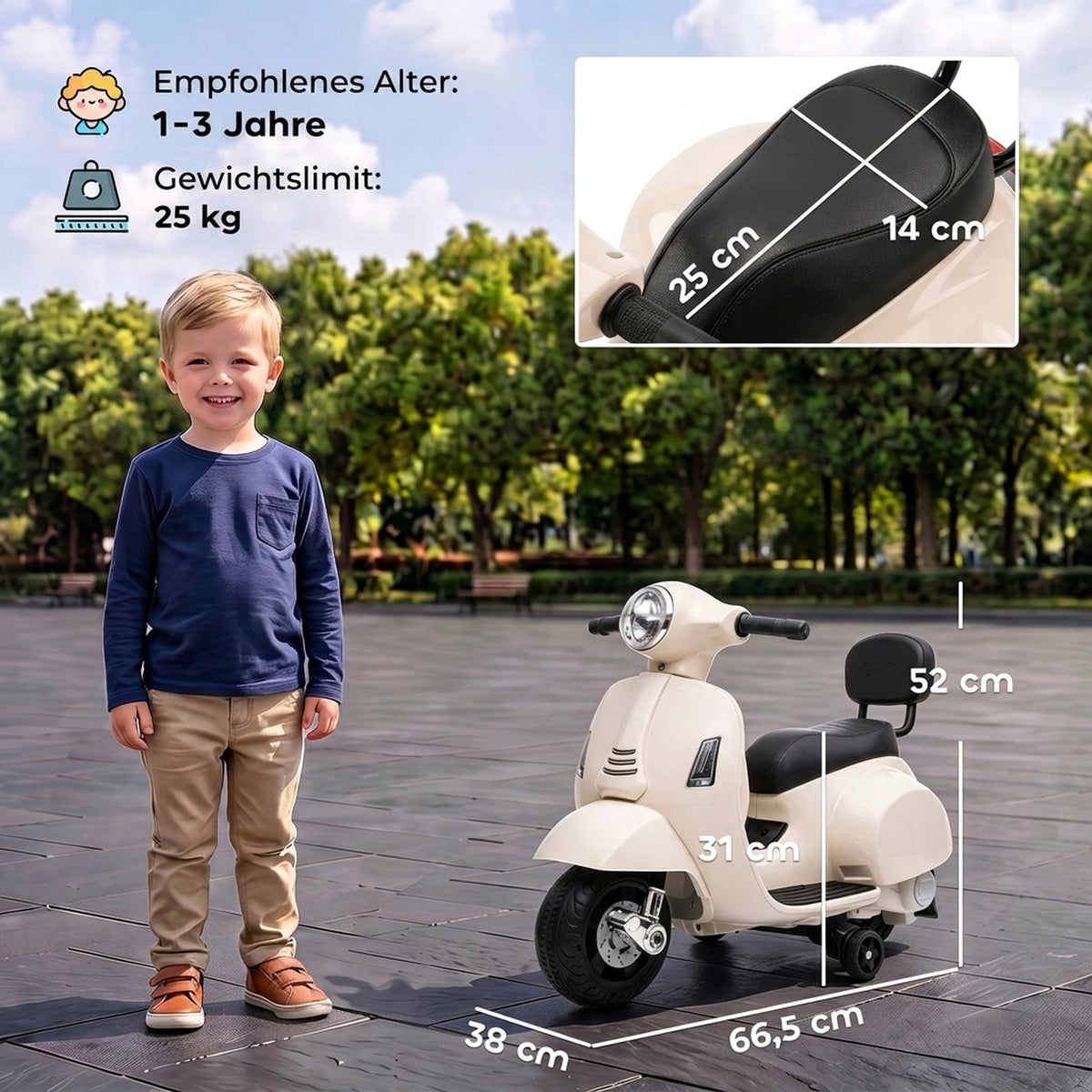Elektro Motorrad Kinder Mini Vespa GTS 6V Elektromotorrad Weiß