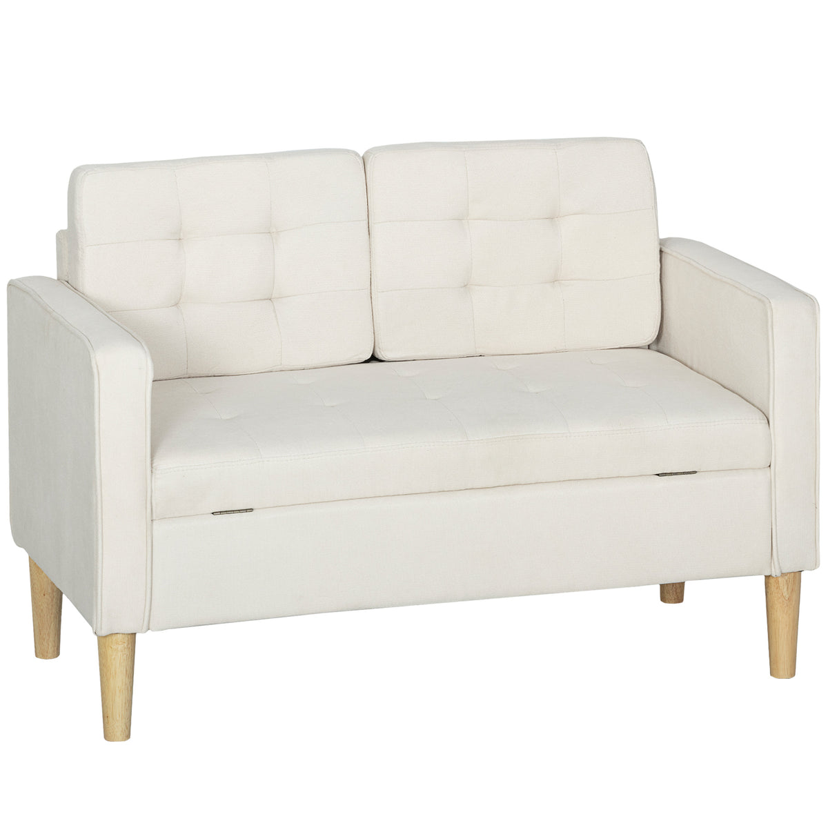 Zweisitzer-Sofa mit Stauraum, Knopfheftung, Kissen, Kautschukbaumholz, 117x62x78cm, Cremewei?