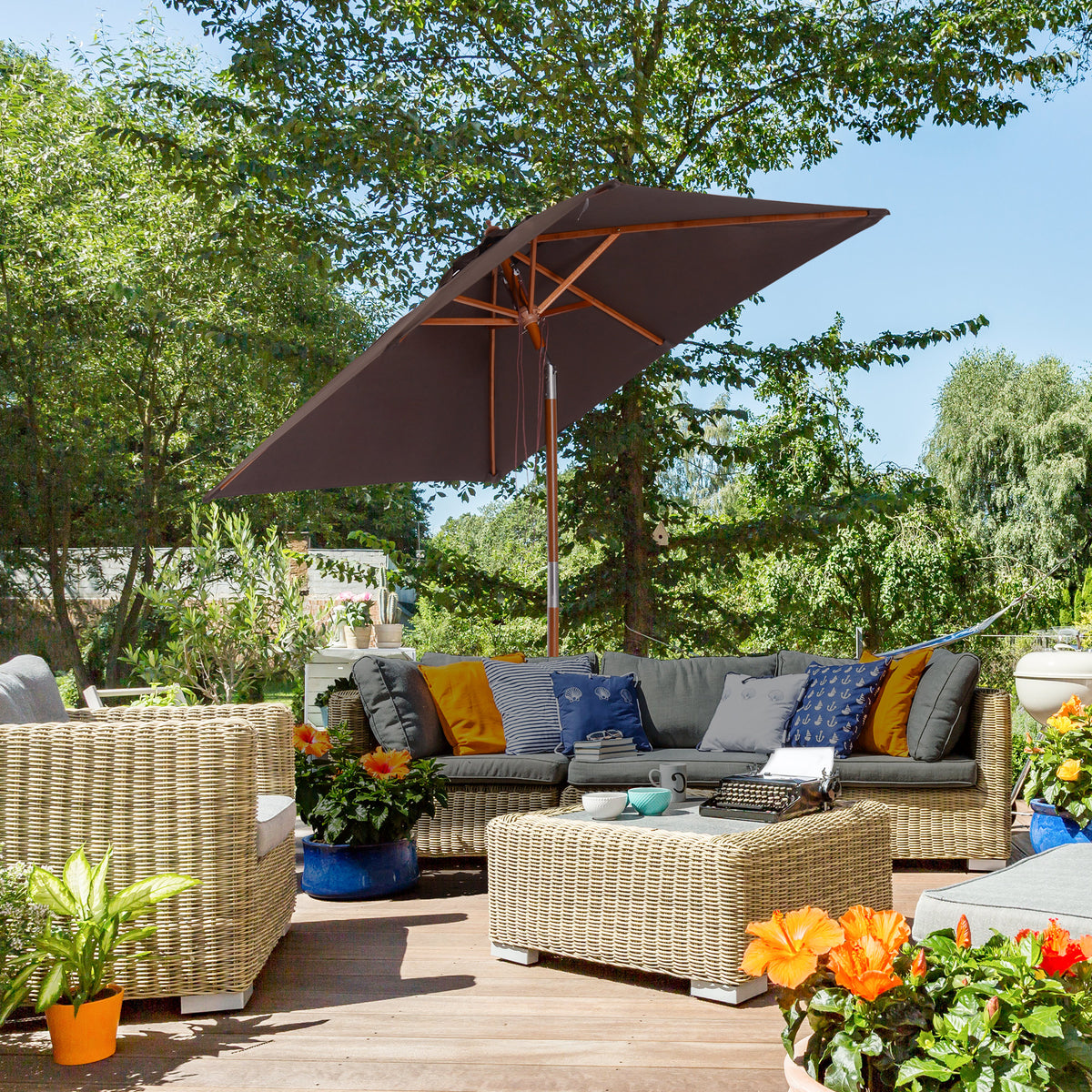 2m Tilting Wooden Pole Parasol - Coffee