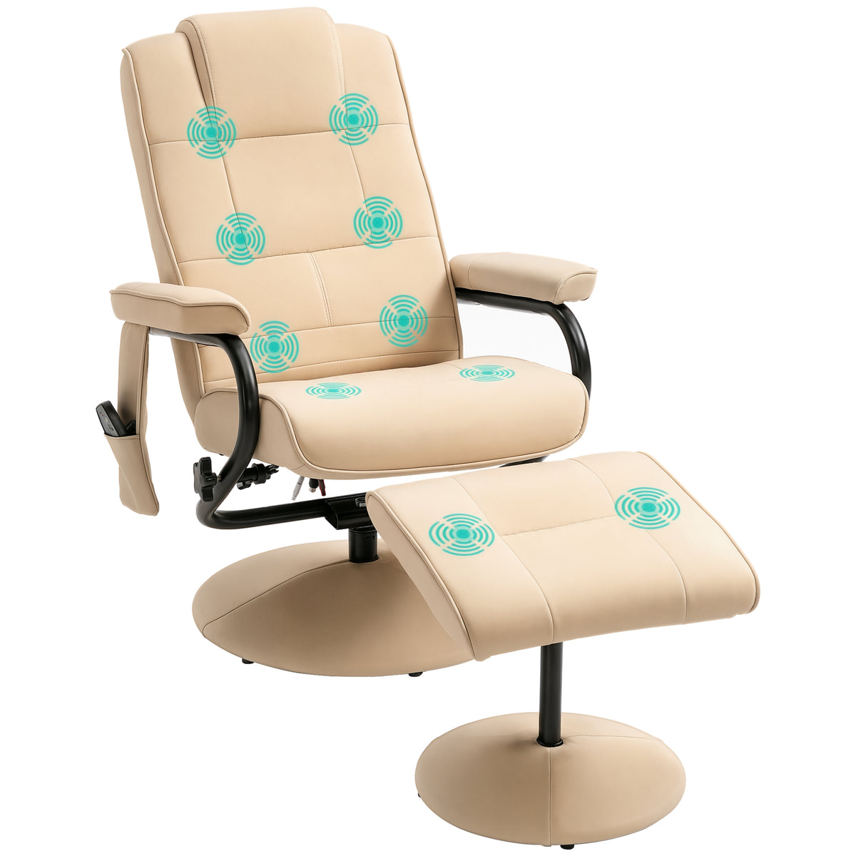 Relaxsessel mit Hocker, 360°drehbarer Fernsehsessel mit Massage, Liegefunktion, Massagesessel mit Seitentasche, TV-Sessel aus Kunstleder für Wohnzimmer Creme