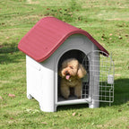 Hundehütte Outdoor, Hundehaus mit Dachluke Tor Unterschlupf, Wasserdichte Hundehöhle mit Luftzirkulation Hütte für kleine Hunde, draußen Rot+Hellgrau 59 x 75 x 66 cm