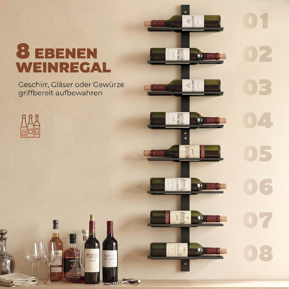 Wall Mounted Wine Rack, 8 Tier Metal Wine Display Rack, Storage Holder for Kitchen, Black