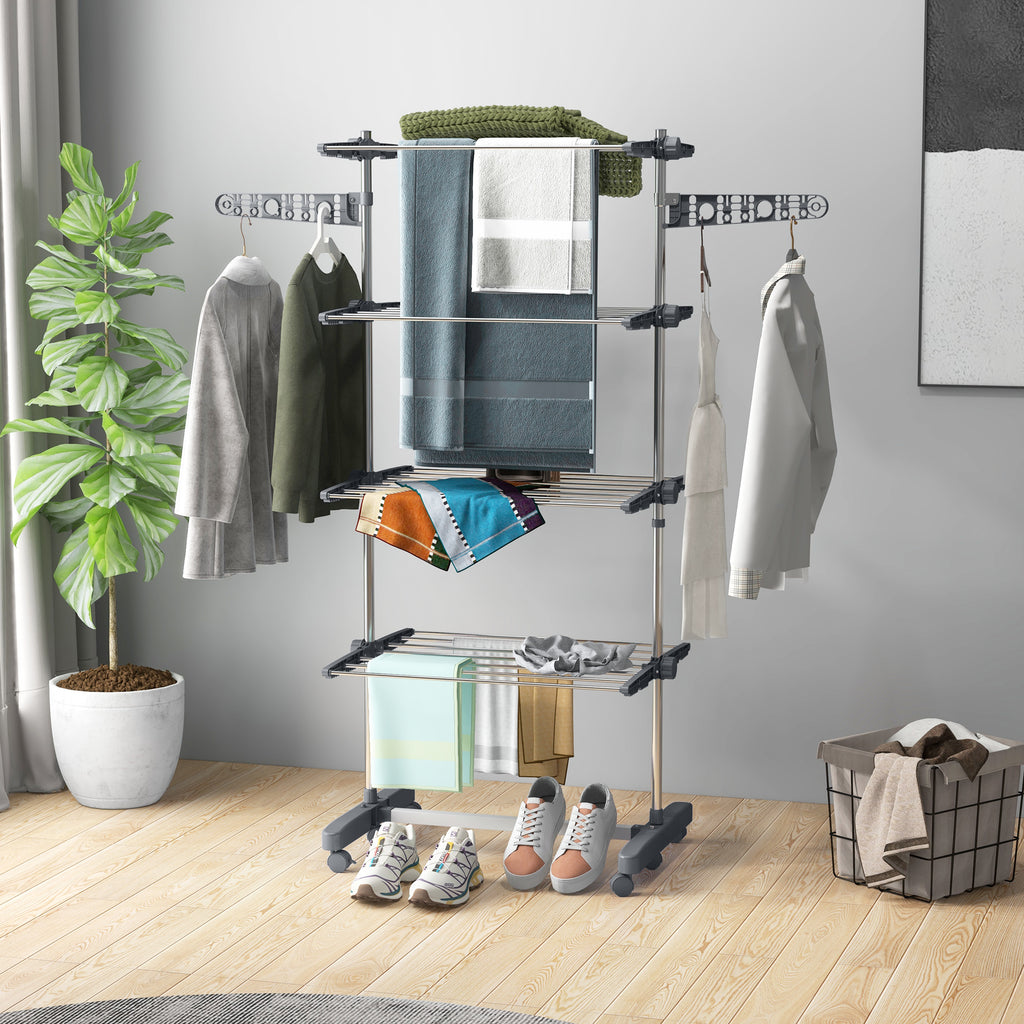 Four-Shelf Collapsing Clothes Horse, With Side Arms and Wheels - Grey
