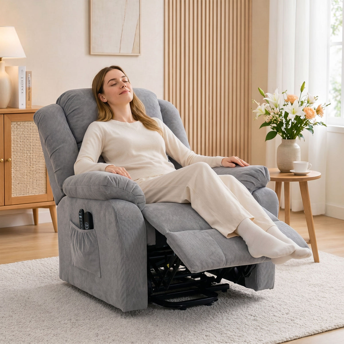 Aufstehsessel mit Massagefunktion und Lendenheizung, Recliner-Sessel mit Fernbedienungen und Seitentaschen, Hellgrau