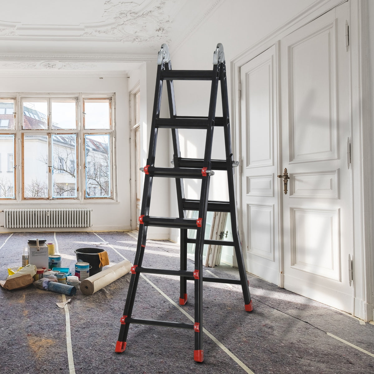 Teleskopleiter, rutschfeste Stufen, bis 150 kg belastbar, Aluminium, Schwarz+Rot