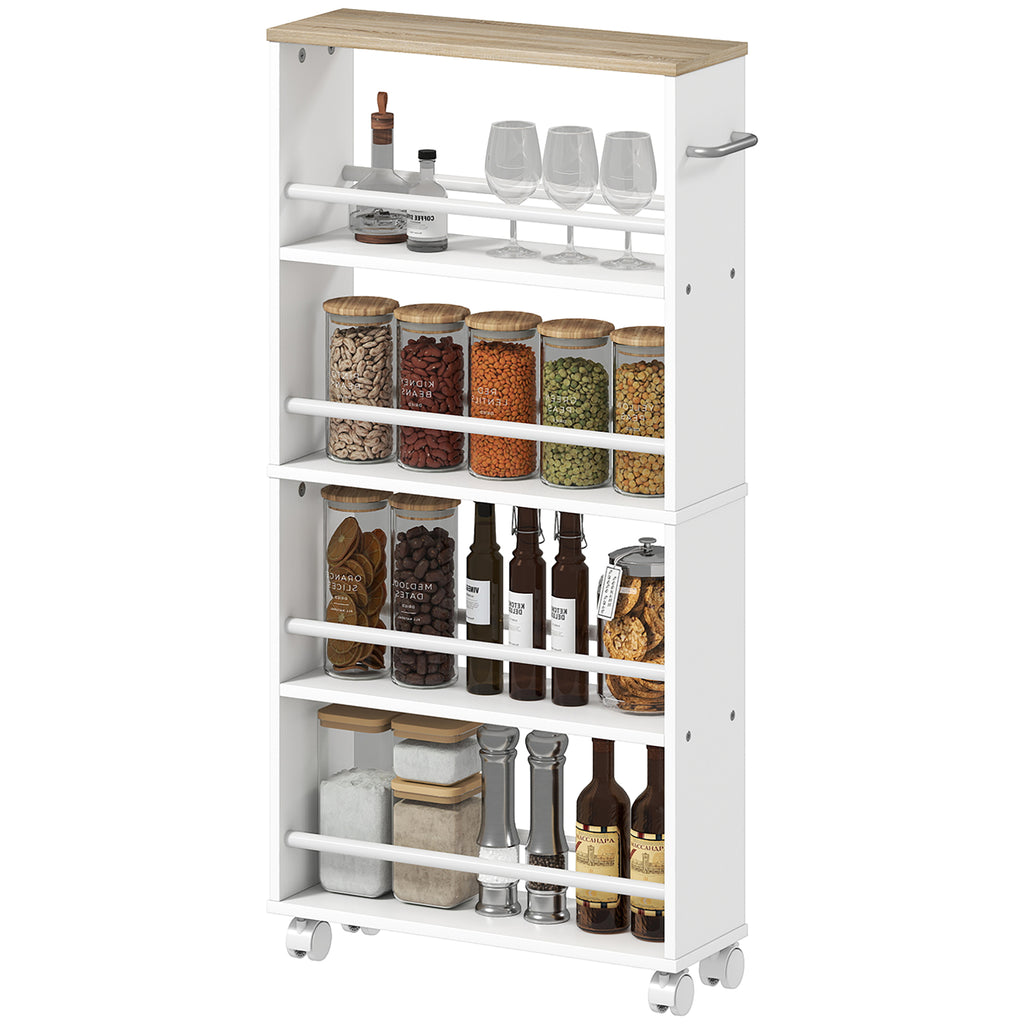 Multifunktionsregal mit Rollen, schmale Bauweise, 4 F?cher, 45x15x91 cm, Natur