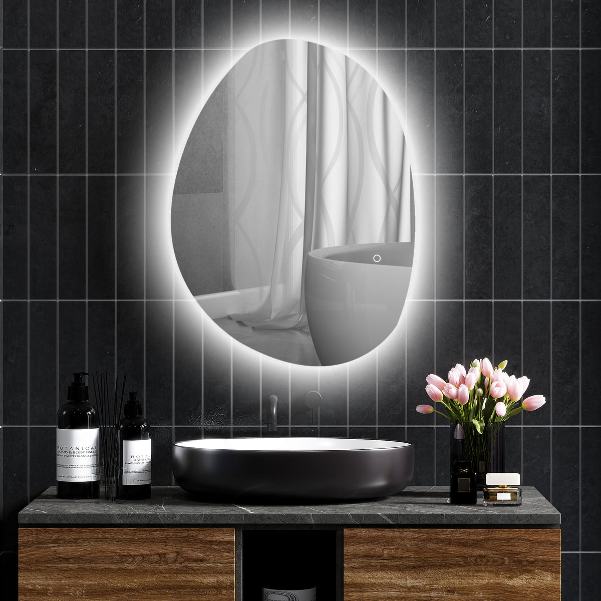Beleuchteter Badezimmerspiegel, asymmetrische Form, 80 x 60 cm, LED-Lichter, 3 Lichtfarben, Anti-Beschlag-Funktion, Silber
