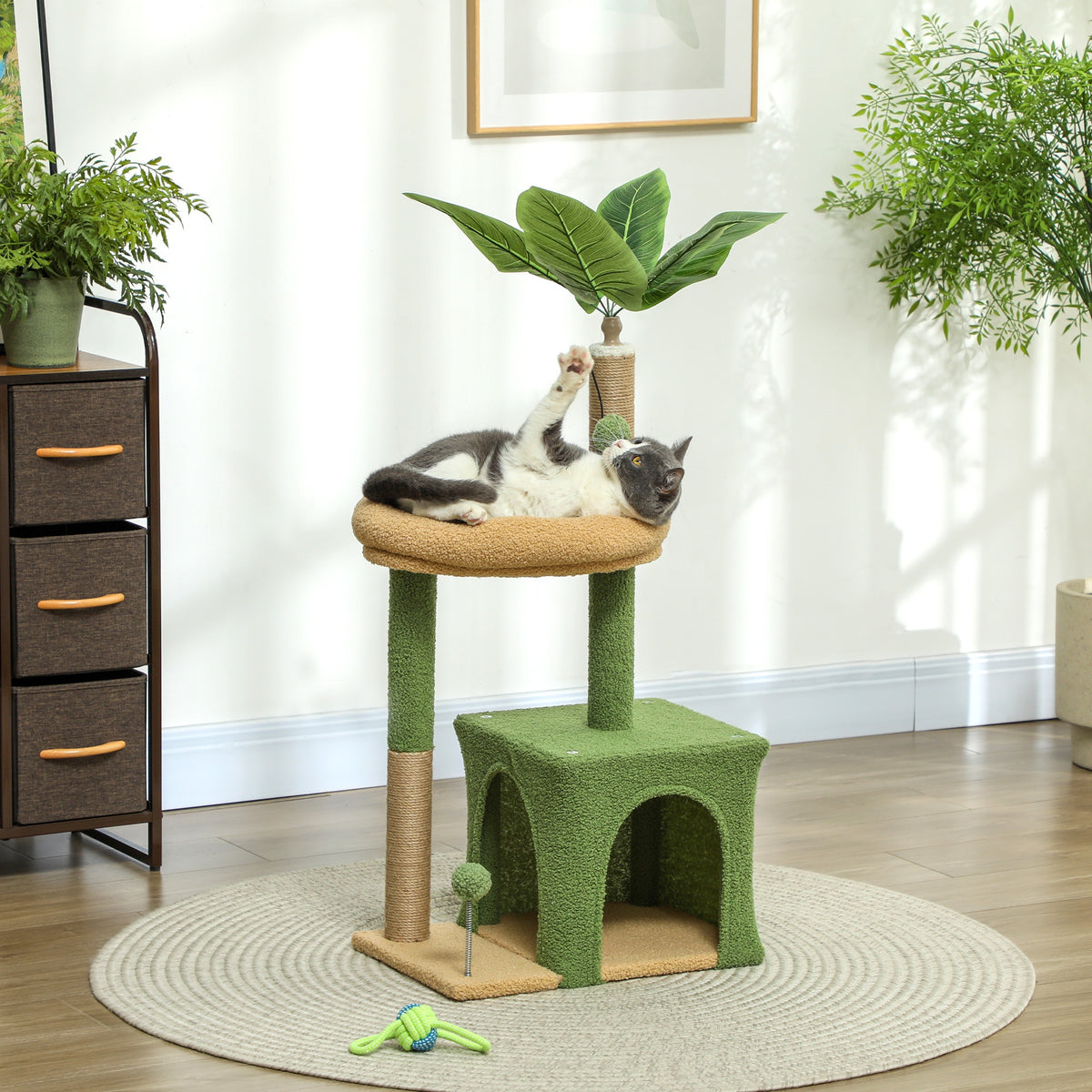 Kratzbaum 98 cm hoch Katzenbaum mit Höhle, Katzenbett Blätter-Design, Jutestämme, 2 Spielbälle für Katzen unter 5 kg