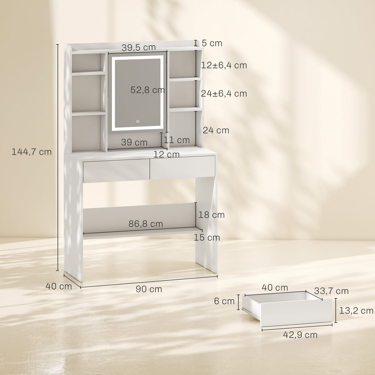Schminktisch mit Spiegelschrank, LED-Beleuchtung, 2 Schubladen, Weiß
