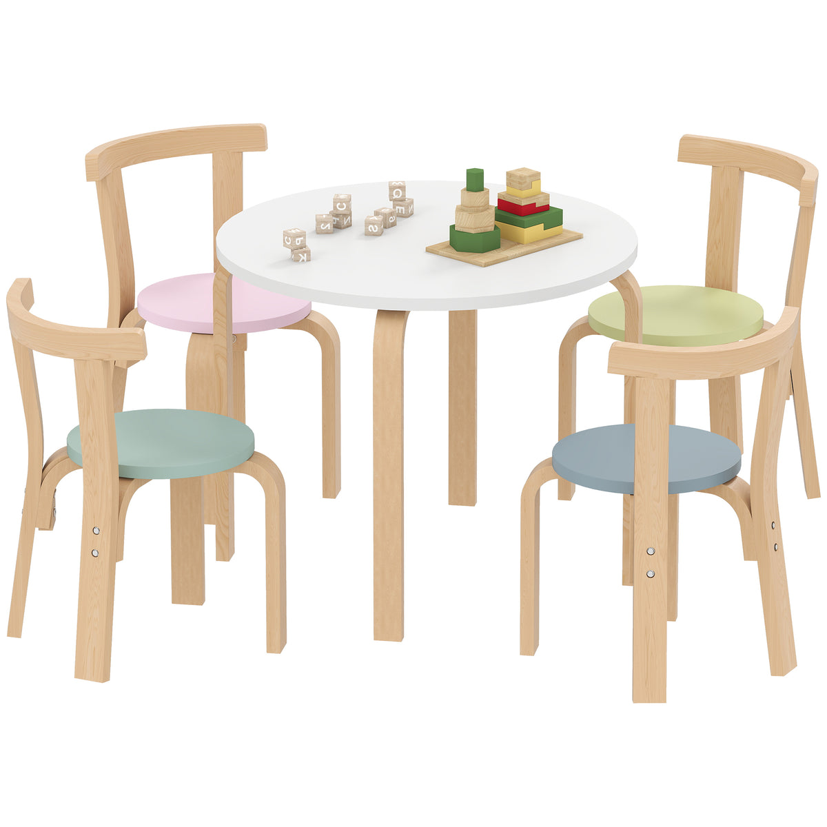 5-teiliges Kindertisch- und Stuhlset, leichtes Massivholz, Bunt