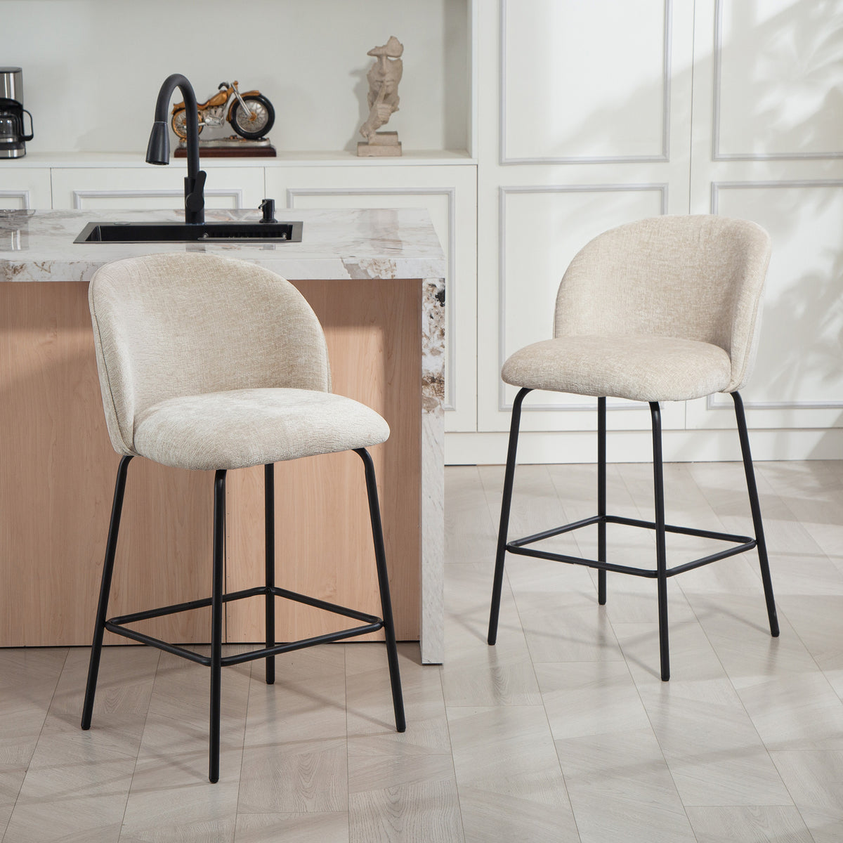 2er-Set Barhocker mit Rückenlehne und Fußstütze, Polsterstühle mit Stahlbeinen für Kücheninsel, Esszimmer, Beige
