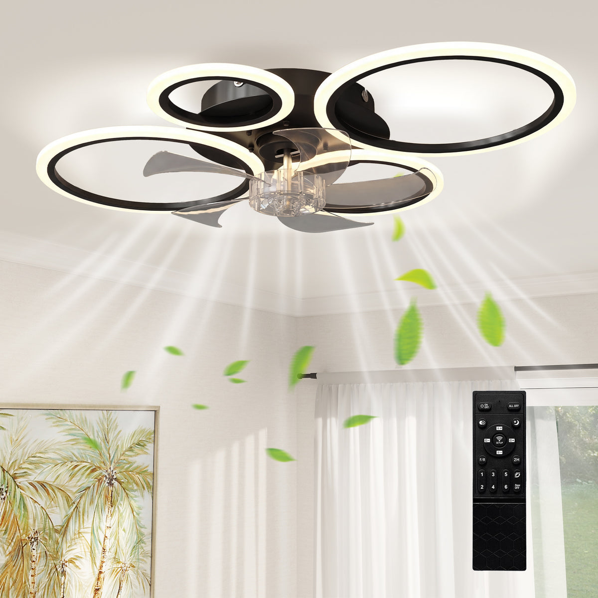 Deckenventilator mit Licht und Fernbedienung, 77 cm LED-Deckenventilator mit 3 Lichtfarben, 6 Geschwindigkeiten, Timer