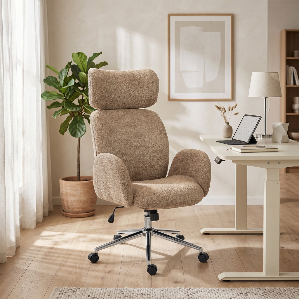 Bürostuhl mit verstellbarer Kopfstütze, ergonomischer Schreibtischstuhl, Kippfunktion, höhenverstellbar, Braun