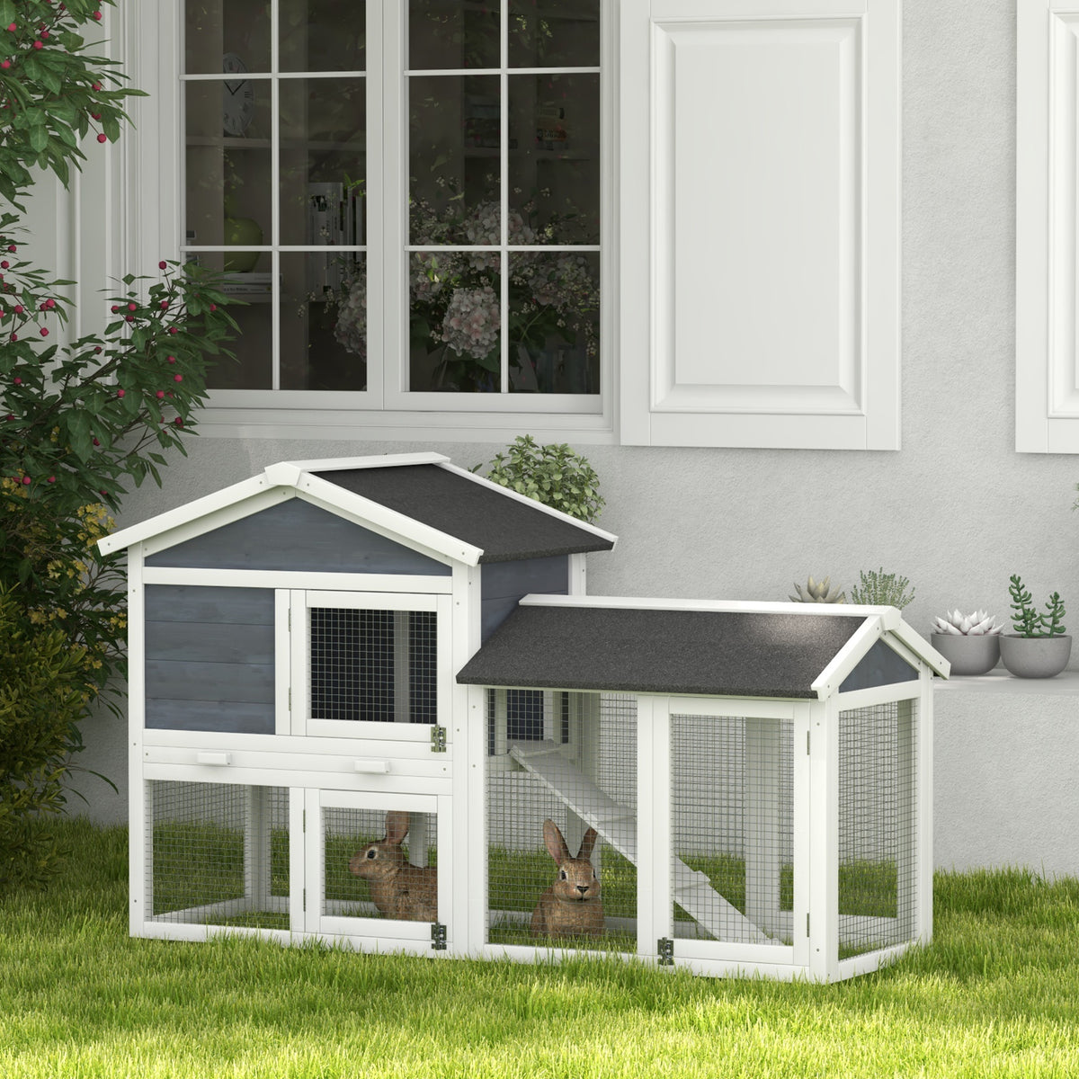Kleintierstall mit Freilauf, Tannenholz, 147 x 54 x 84 cm, Grau