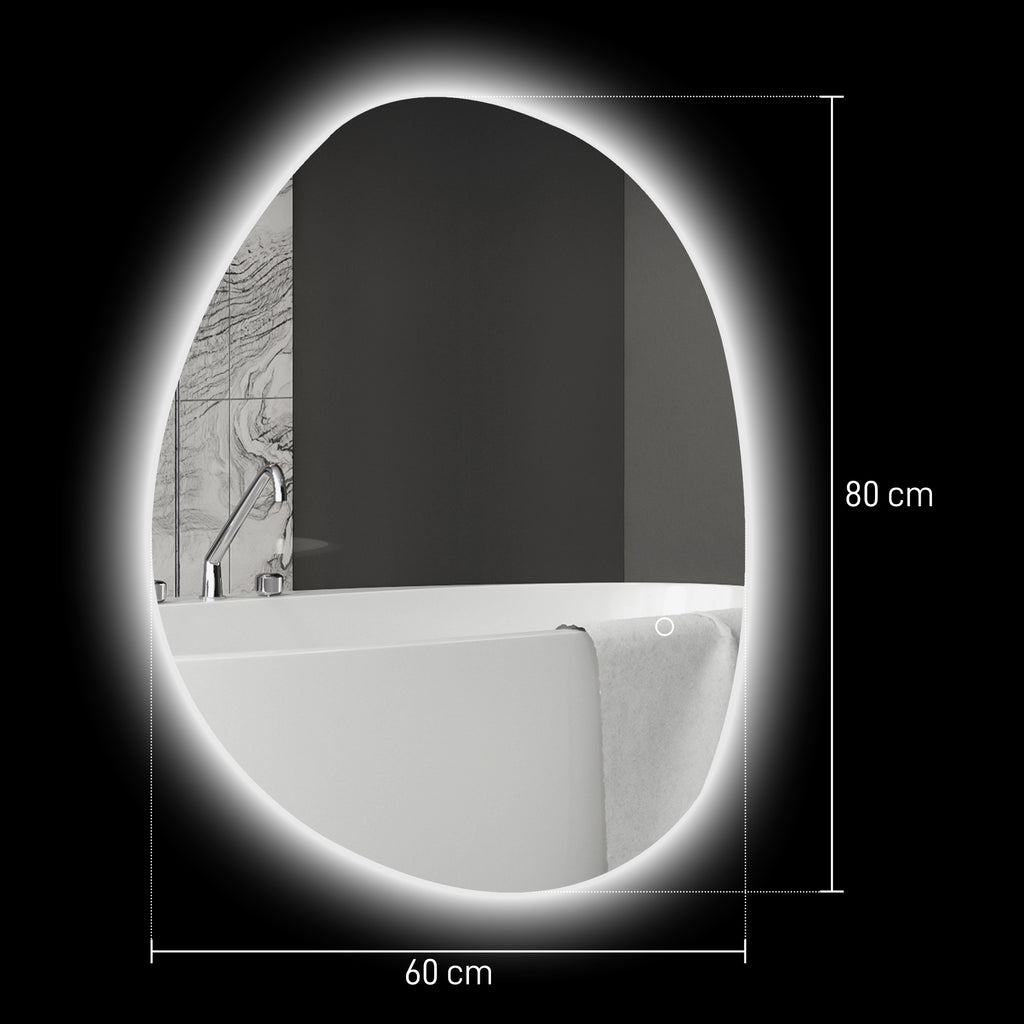 Beleuchteter Badezimmerspiegel, asymmetrische Form, 80 x 60 cm, LED-Lichter, 3 Lichtfarben, Anti-Beschlag-Funktion, Silber