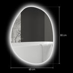Beleuchteter Badezimmerspiegel, asymmetrische Form, 80 x 60 cm, LED-Lichter, 3 Lichtfarben, Anti-Beschlag-Funktion, Silber