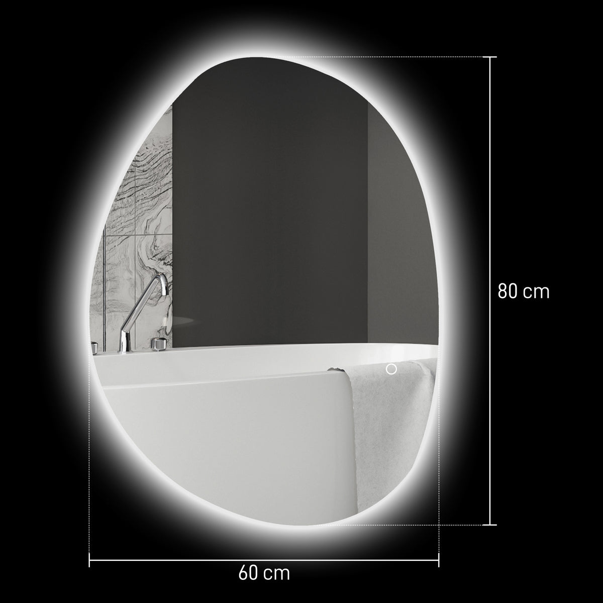 Beleuchteter Badezimmerspiegel, asymmetrische Form, 80 x 60 cm, LED-Lichter, 3 Lichtfarben, Anti-Beschlag-Funktion, Silber