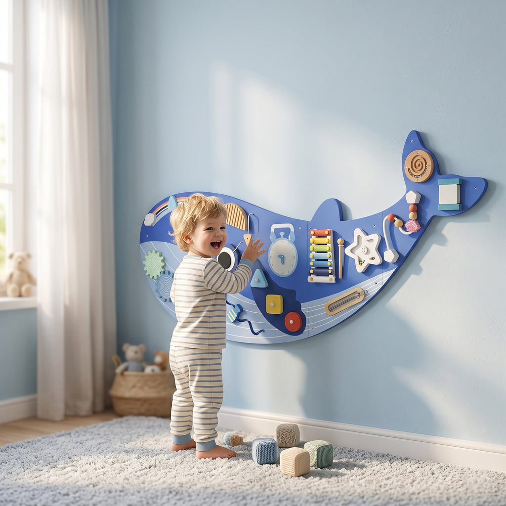 Whale Activity Wall Busy Board, 13 in 1 Montessori Inspired Sensory Wall Panel for Playroom Nursery Boys Girls 2+, Blue