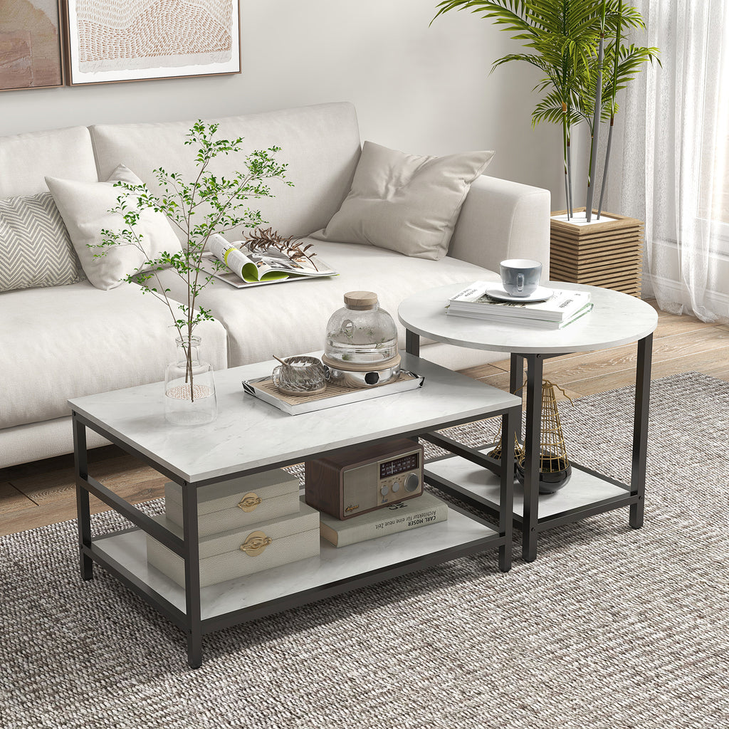 Couchtisch-Set, 2 Beistelltische, Marmoroptik, verstellbare F¨¹?e, Stahl, Schwarz/Wei?