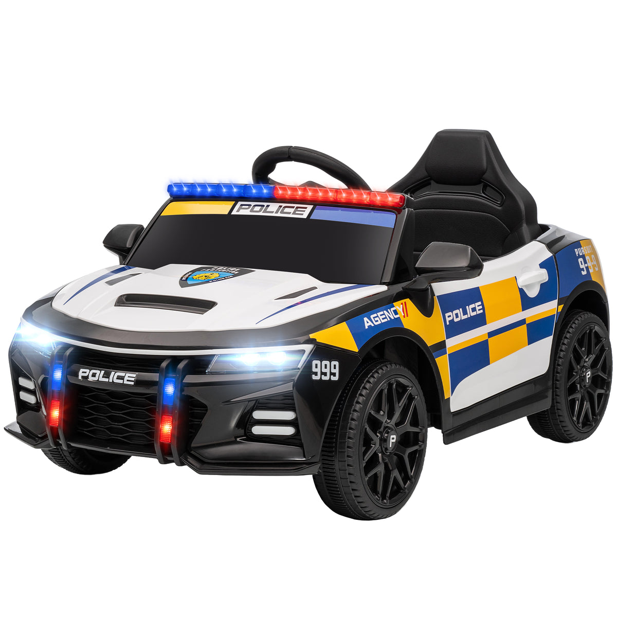 12V Kinder Elektroauto Polizei Polizeiauto mit Fernbedienung Sirene Warnlicht Musik & Hupe Doppelmotoren Federung Weiß