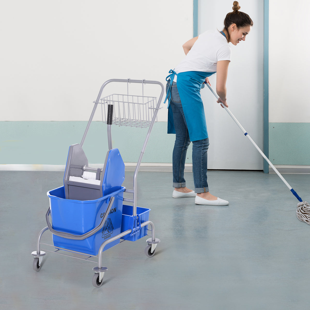 Reinigungswagen, Moppwagen, 25 L Fassungsvermögen, 4 Räder, Kunststoff, Blau