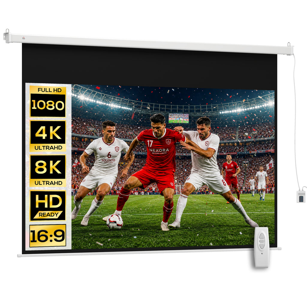 Beamer Leinwand 247 x 168 cm 100 Zoll 16:9 HD 4K Projektionsleinwand Elektrisch mit Fernbedienung, Weiß