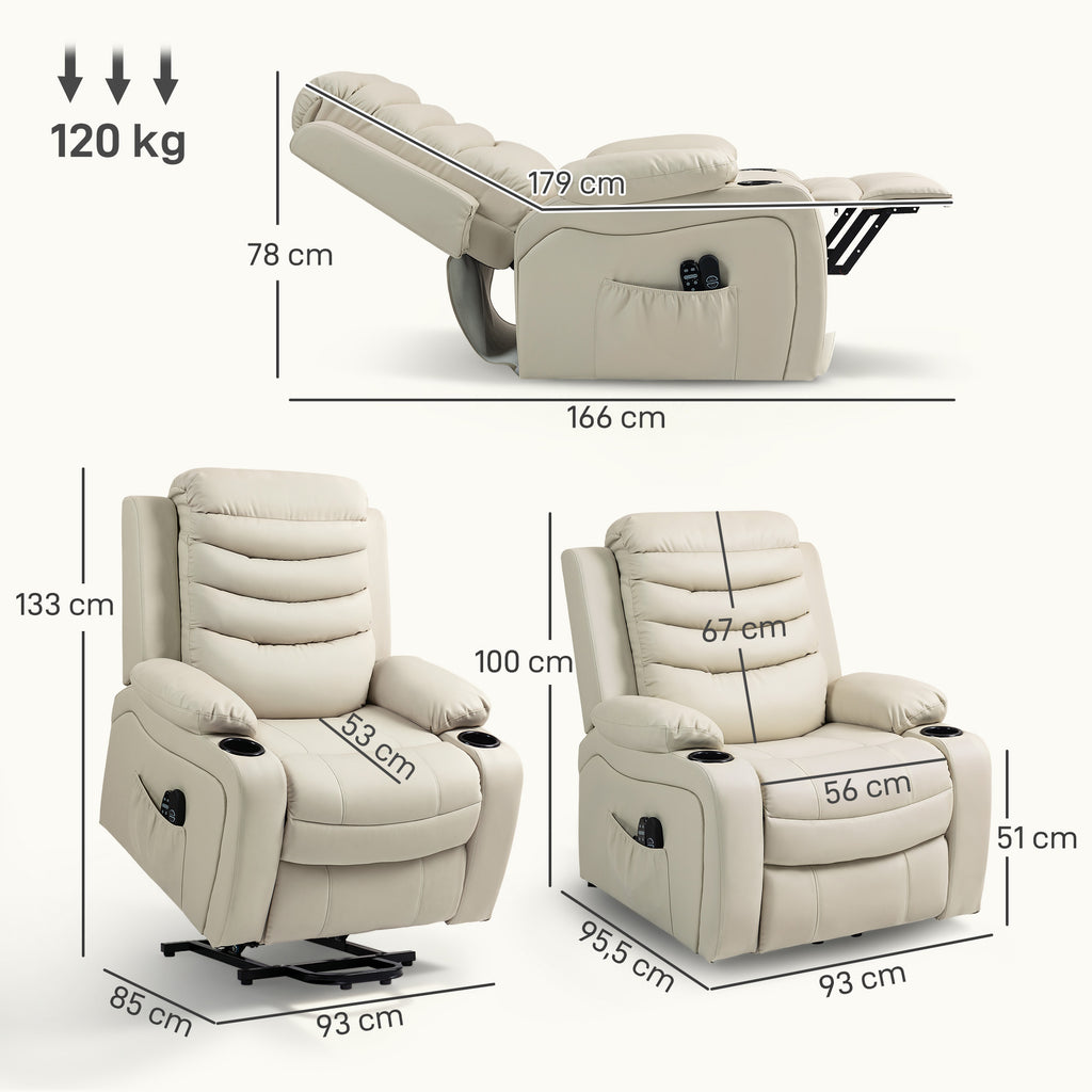 Fernsehsessel Relaxsessel Elektrisch mit Aufstehhilfe, Massage, Heizung, USB-Anschlüsse, PU, Creme