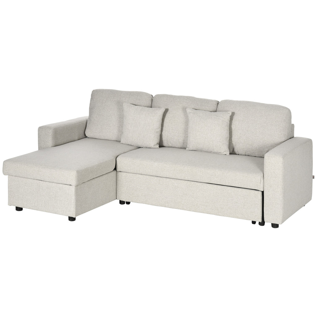 Ecksofa mit Bettfunktion, Eckcouch inklusive 2er-Sitz Sofa, Einzelbett, L-Form mit Stauraum, 2 Kissen Cremeweiß