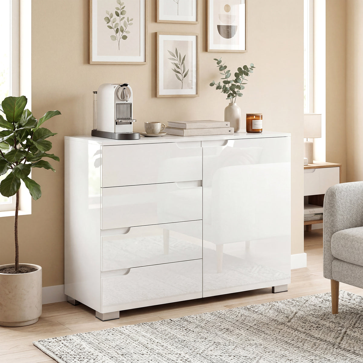 Kommode mit 4 Schubladen Sideboard mit 1 Tür, Verstellbarem Einlegeboden, für Wohnzimmer, Schlafzimmer 100 x 40 x 80 cm