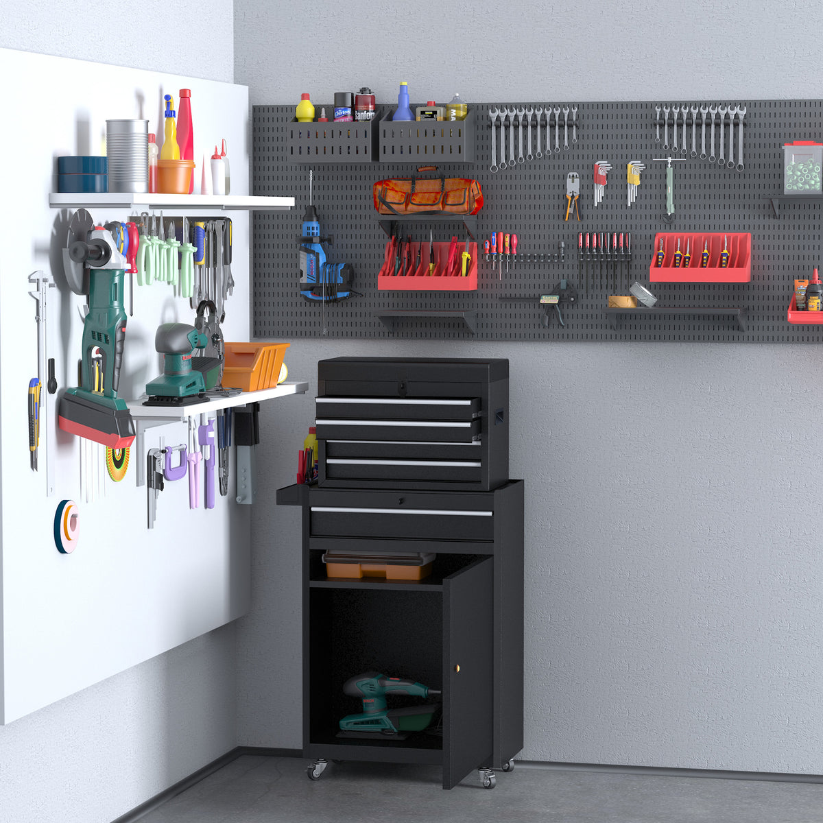  Tool Chest 2 in 1 Metal Tool Cabinet Storage Box with 5 Drawers Pegboard Wheels 60x28x104.5cm Black