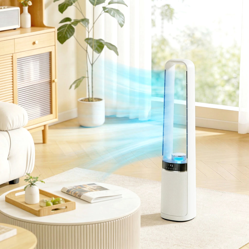 Turmventilator ohne Rotorblätter, mit 45° Oszillation, LED-Licht, 3 Geschwindigkeiten, 12-Std.-Timer, Fernbedienung