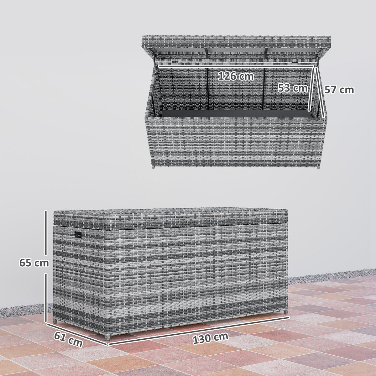 Rattan Auflagenbox 380L wetterfest Kissenbox mit Deckel Stauraum UV-best?ndig 130 x 61 x 65 cm Dunkelgrau